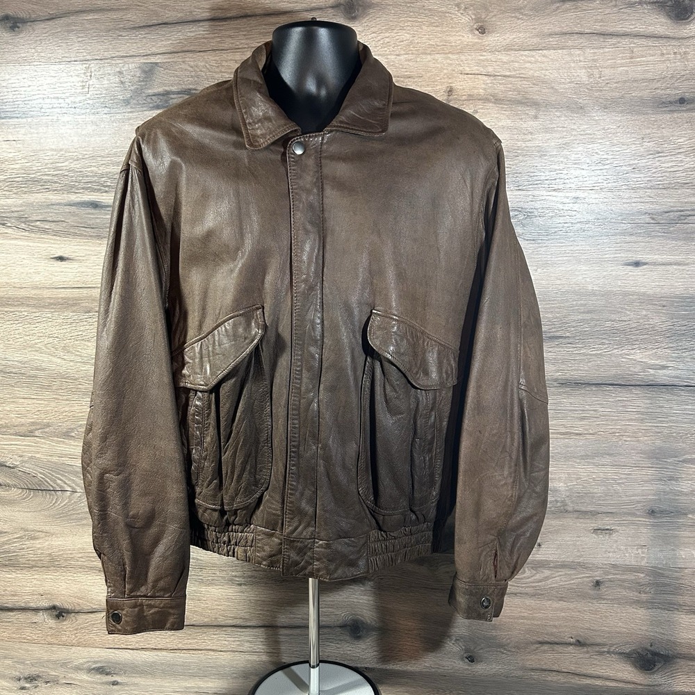 Vintage Hunt Club Jacket Mens 44‎ Brown Leather Bomber Horse Lined Riding 80s